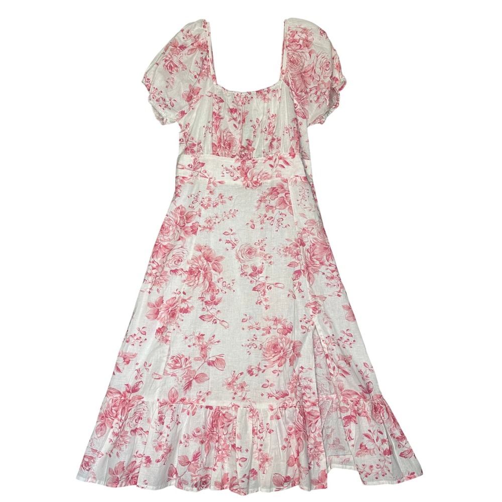 Pink Cottagecore Floral Toile Midi Dress Cotton Linen Puff Sleeve Smocked Back